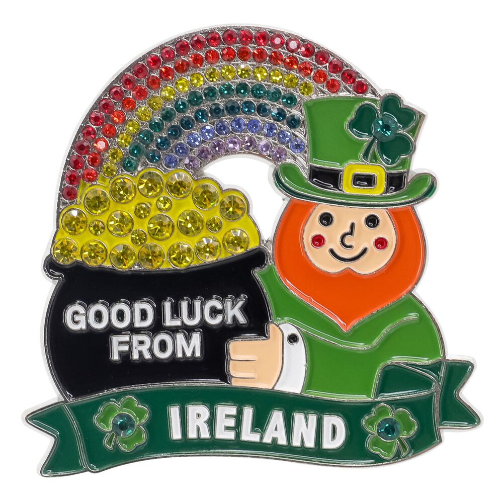 Crystal Leprechaun Metal Magnet with pot of gold