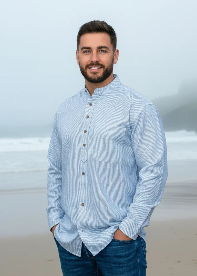 Irish Grandfather Shirt Men's Blue Cross Hatching