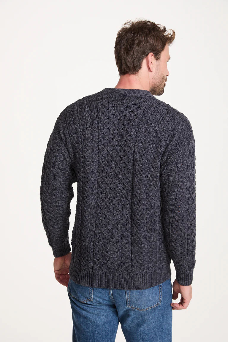 Mens Merino Aran Cardigan Charcoal Colour