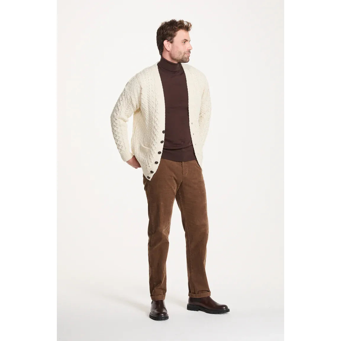 Mens Merino Aran Cardigan Cream Colour