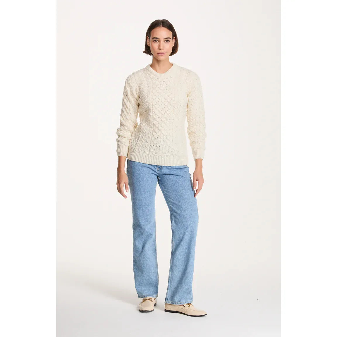 Inishmore Ladies Slim Fit Merino Aran Sweater Cream Colour