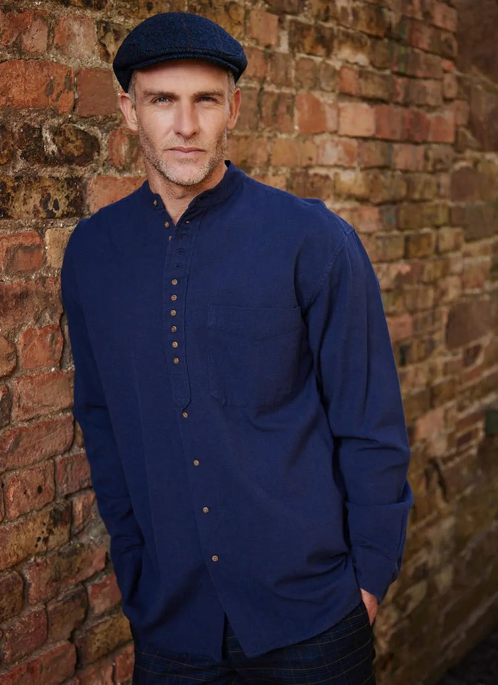 Navy Cotton Linen Mens Grandfather Shirt