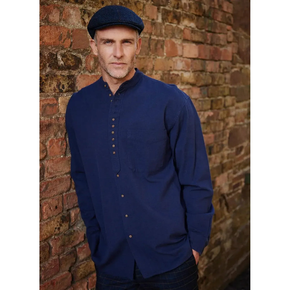 Navy Cotton Linen Mens Grandfather Shirt