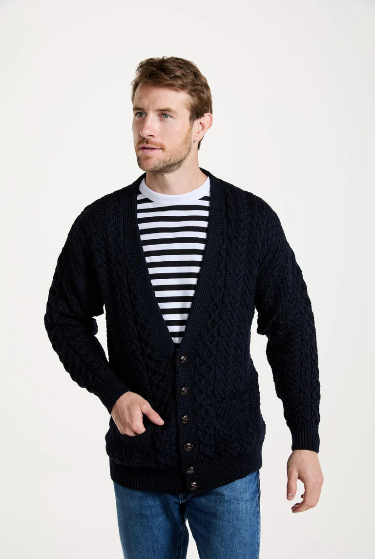 Mens Merino Aran Cardigan Navy Colour