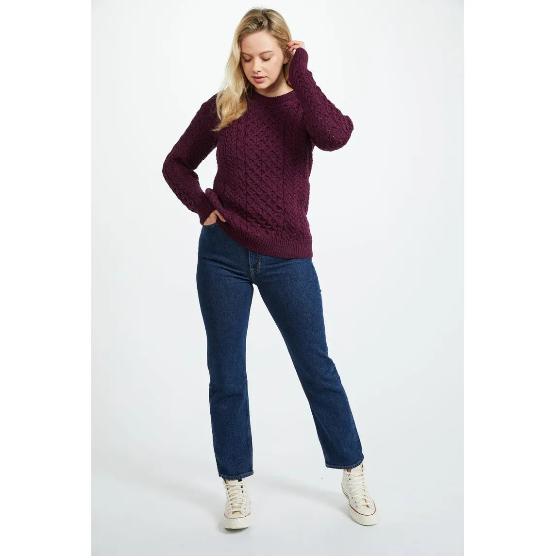 Inishmore Ladies Slim Fit Merino Aran Sweater Berry Colour