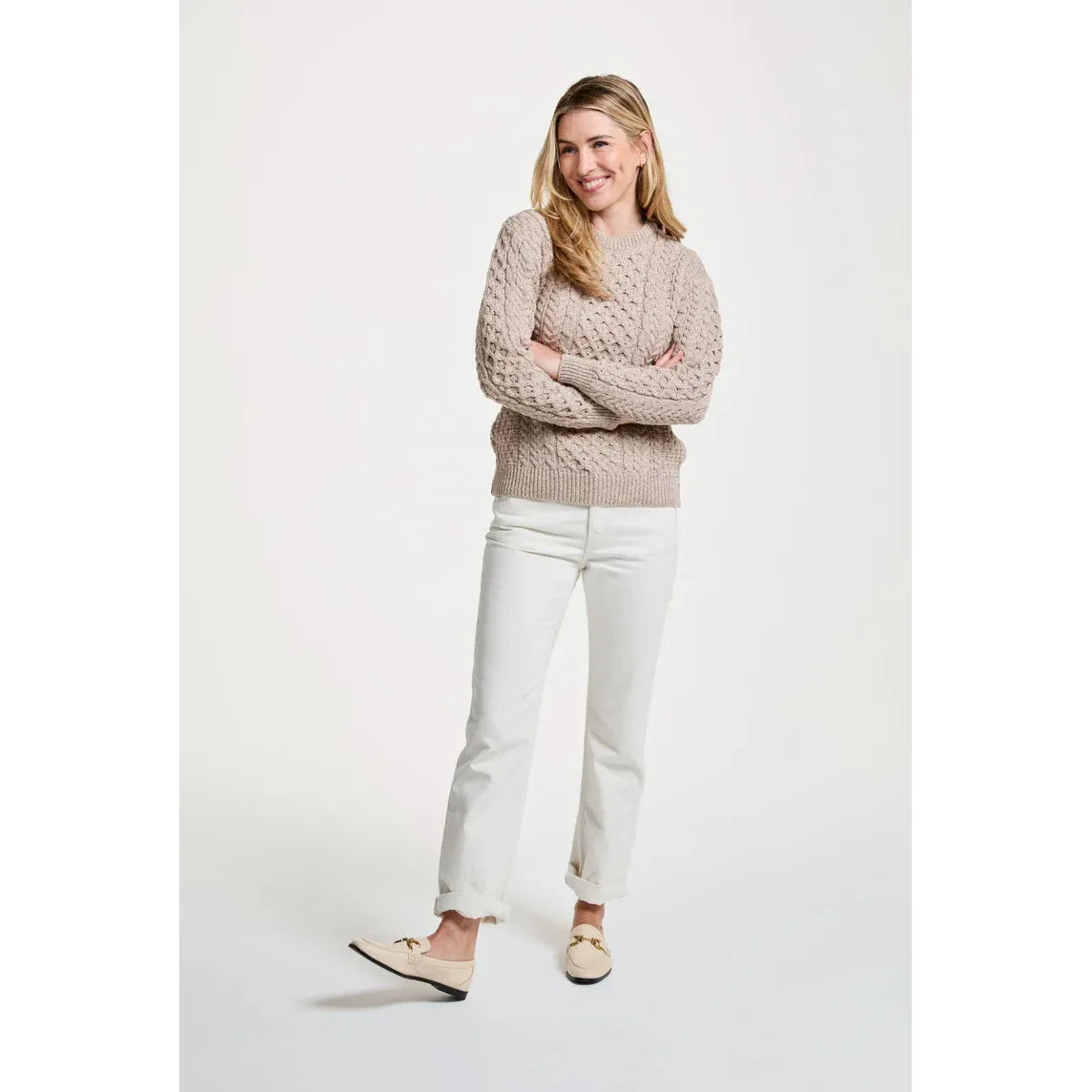 Inishmore Ladies Slim Fit Merino Aran Sweater Oat Colour
