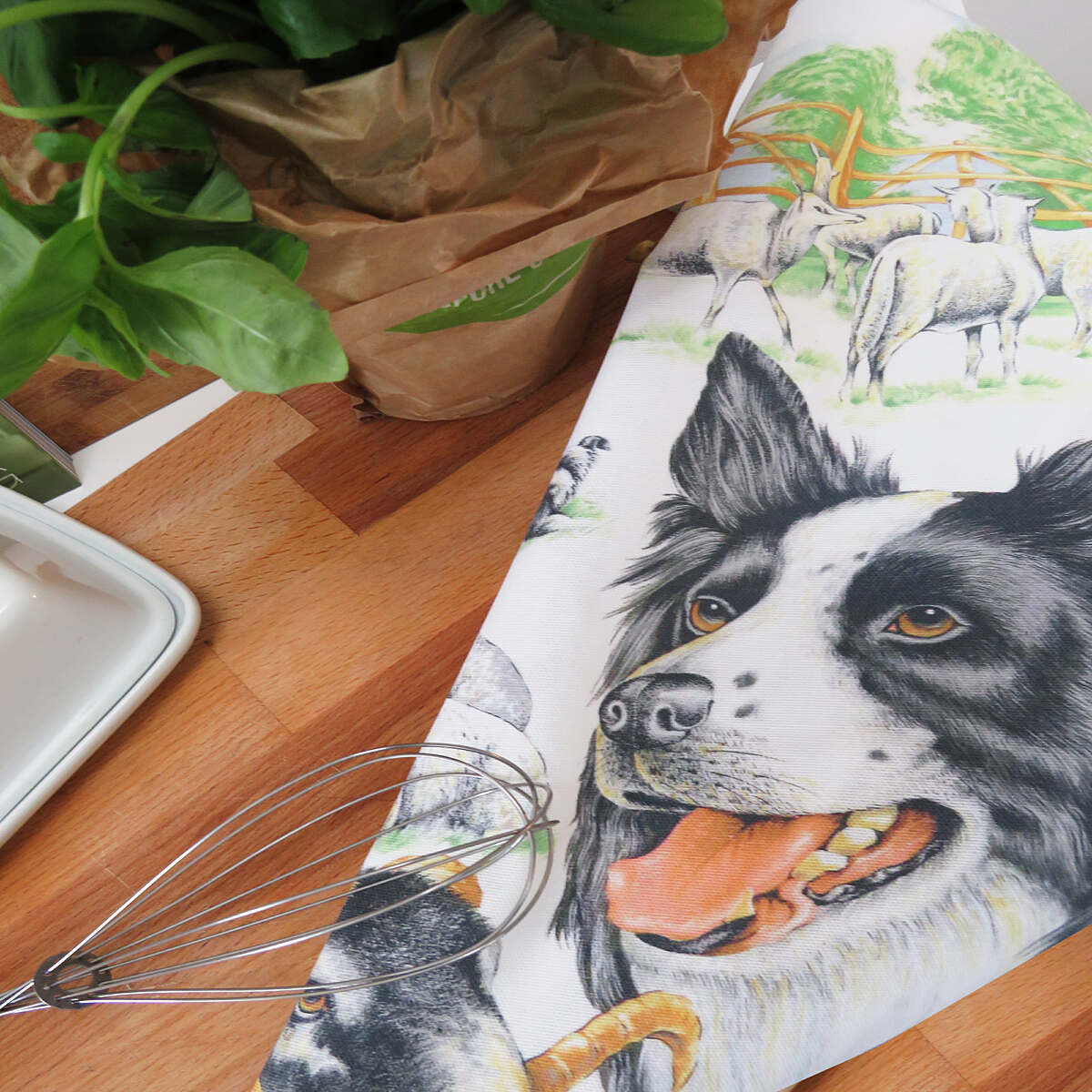 Collie Dog and Sheep Kitchen Tea Towel