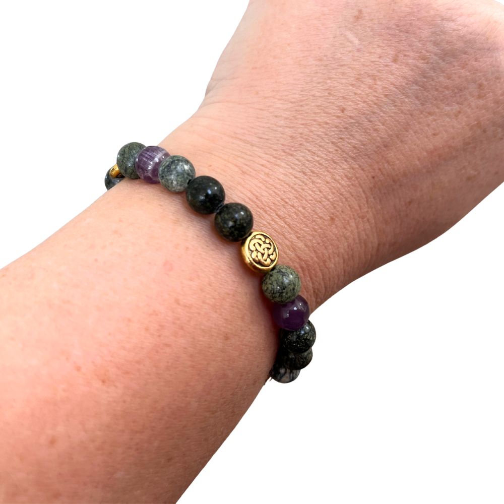 Connemara Marble Amethyst Bracelet with Celtic Knot Gold Detail