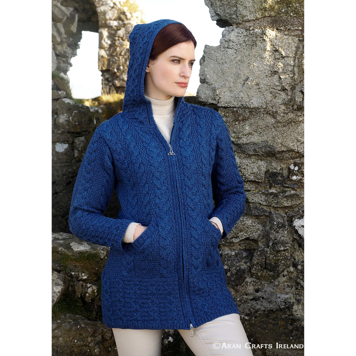 Aran Woman's Hooded Celtic Knot Zipper Cardigan Navy Blue