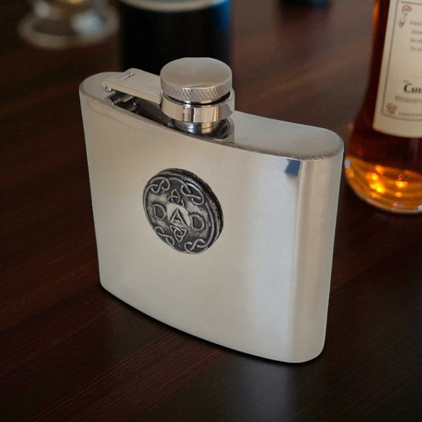 Mullingar Pewter Hip Flask With Trinity Dad Design