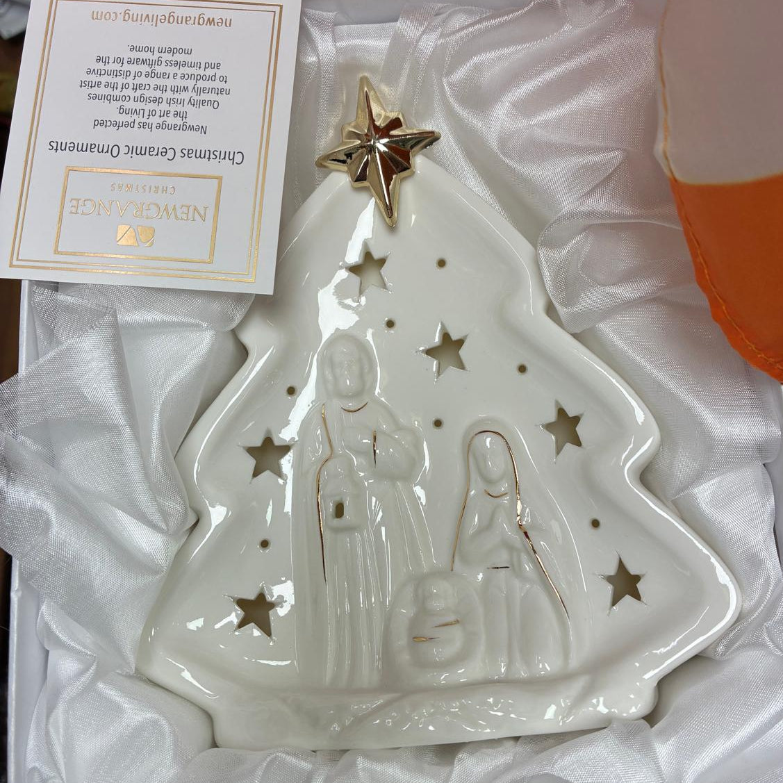 Newgrange Living White and Gold Ceramic Christmas Nativity Scene Ornament in gift box