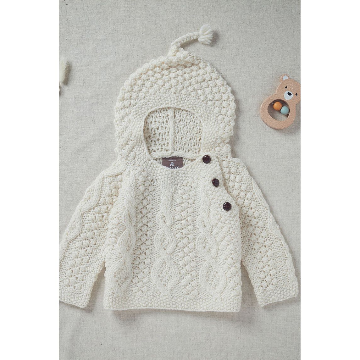 Shepley Baby Aran Wool Sweater with Hood Cream