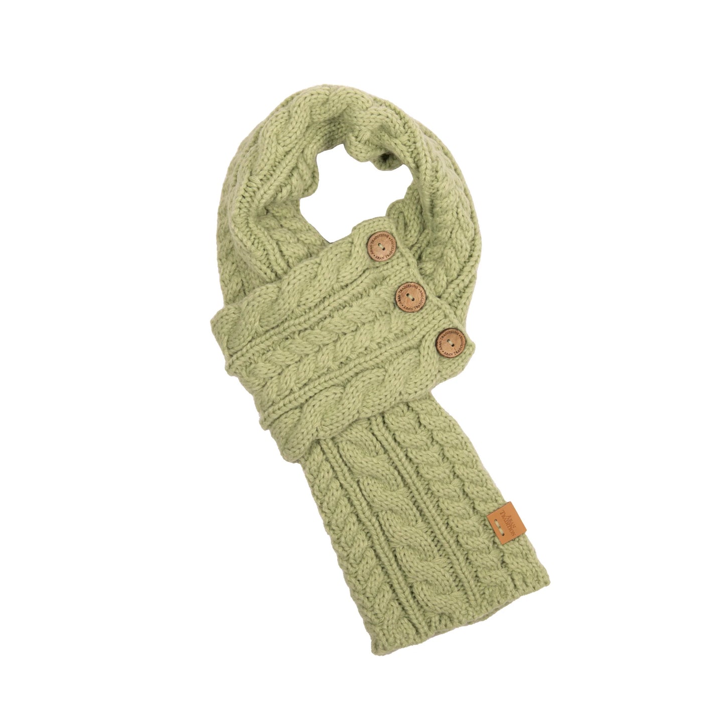 Aran Traditions Cable Button Wrap Woollen Knitted Green Scarf