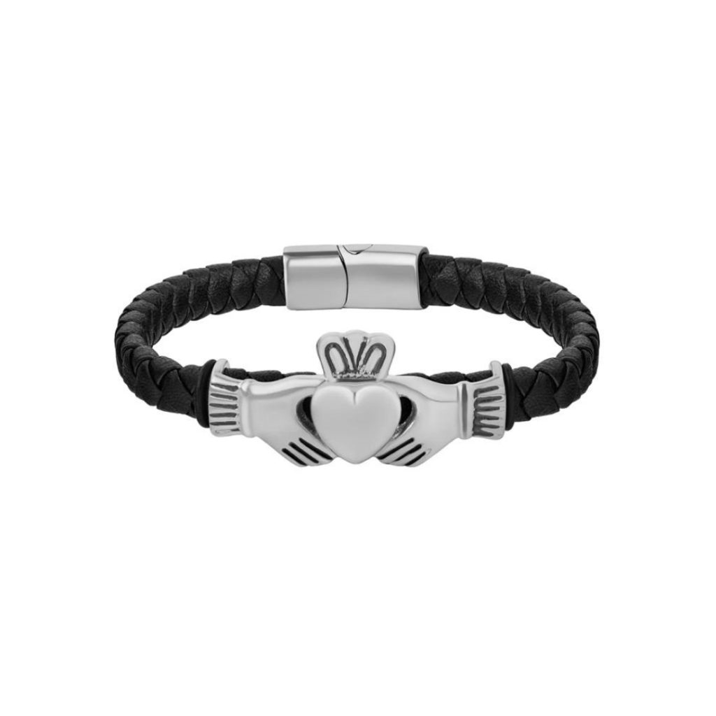 Black Leather Claddagh Silver Bracelet by Solvar