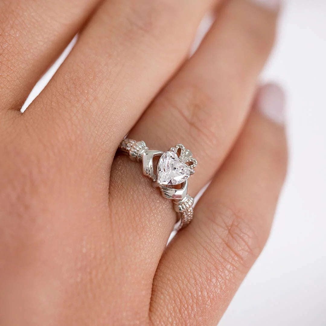 Silver April Birthstone Crystal Women's Claddagh Ring