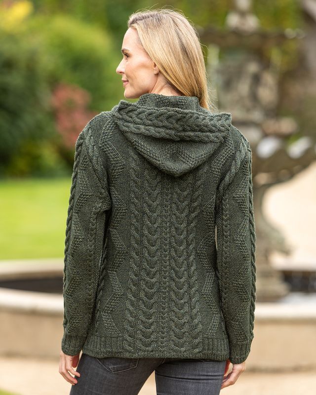 Aran Women's Hooded Woollen Claddagh Zip Cardigan Green