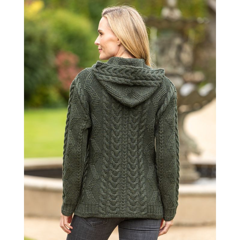 Aran Women's Hooded Woollen Claddagh Zip Cardigan Green