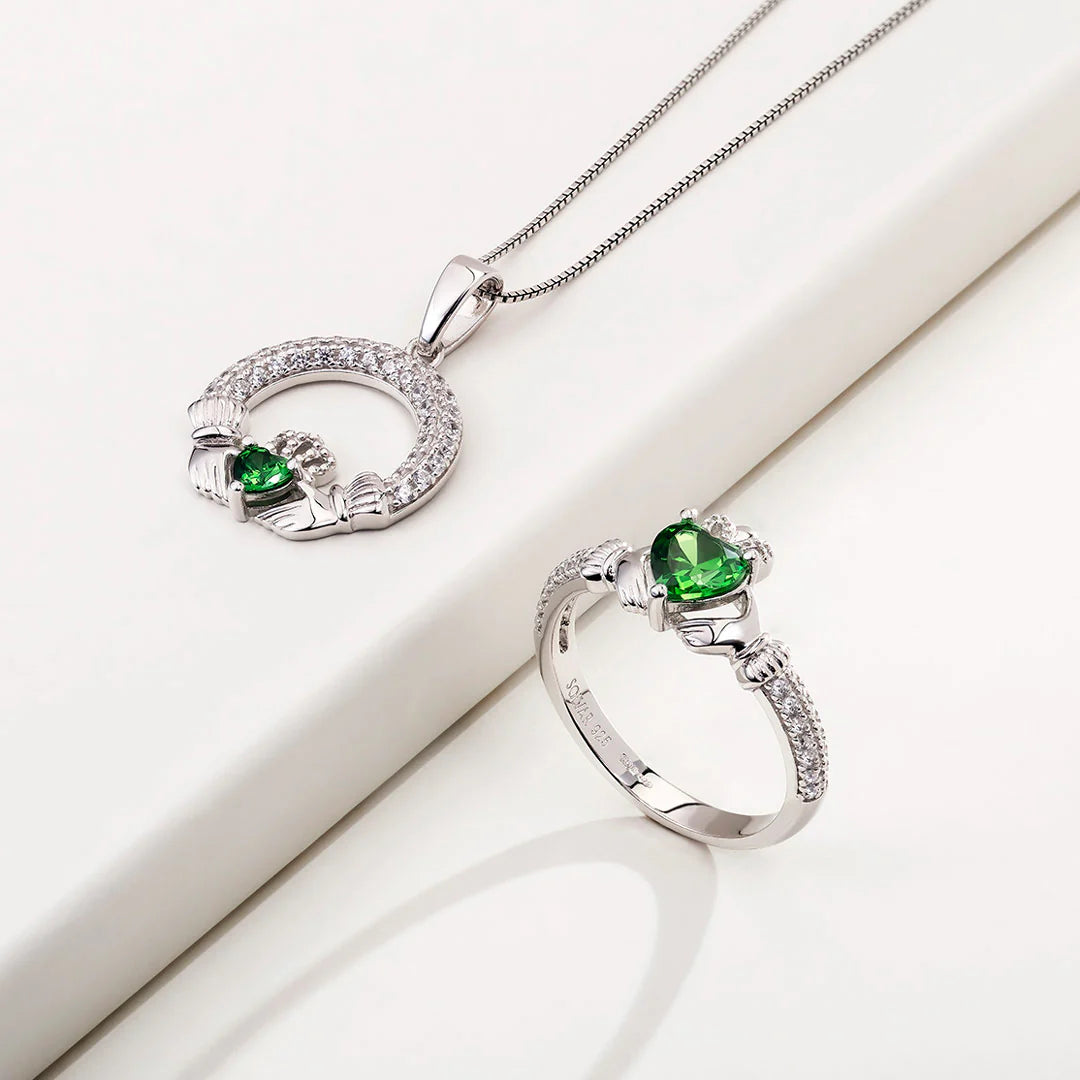 Silver May Birthstone Emerald Women's Claddagh Ring