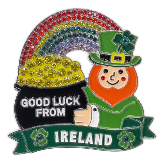 Crystal Leprechaun Metal Magnet with pot of gold