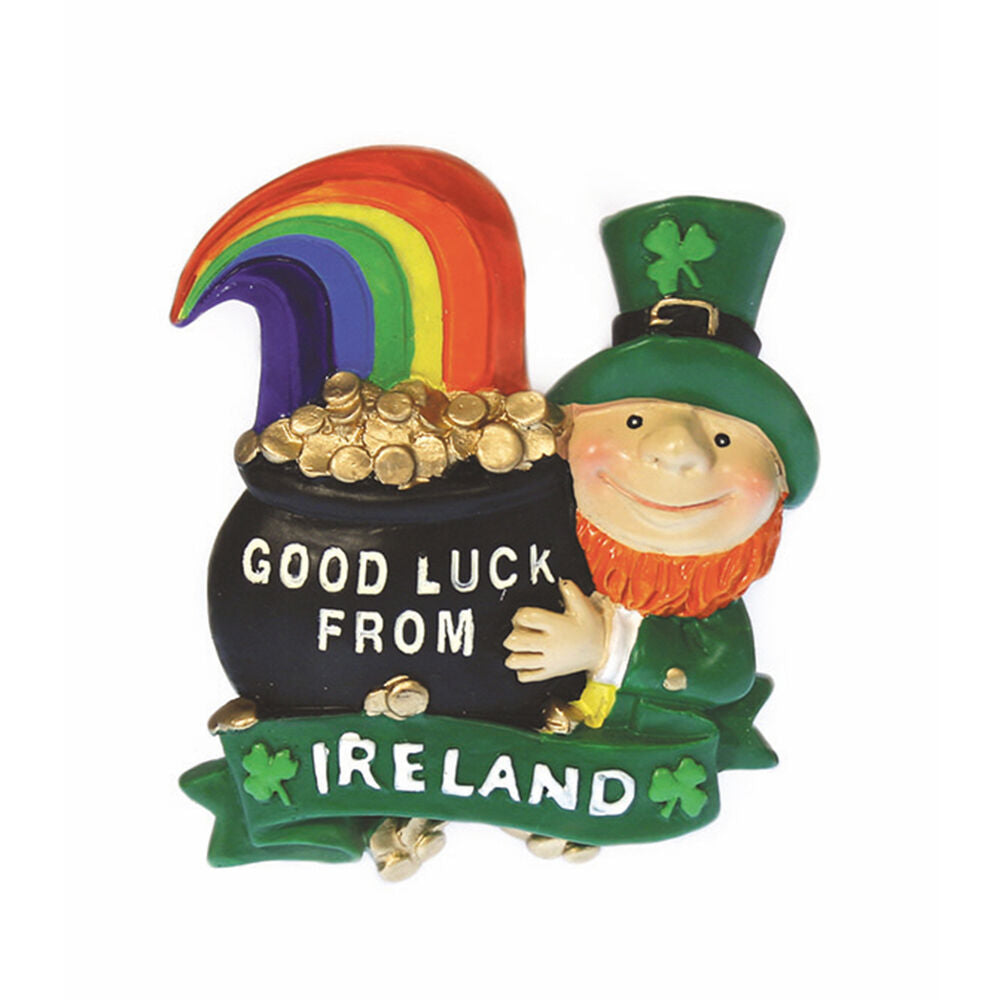 Leprechaun Fridge Magnet With Irish Rainbow Pot of Gold