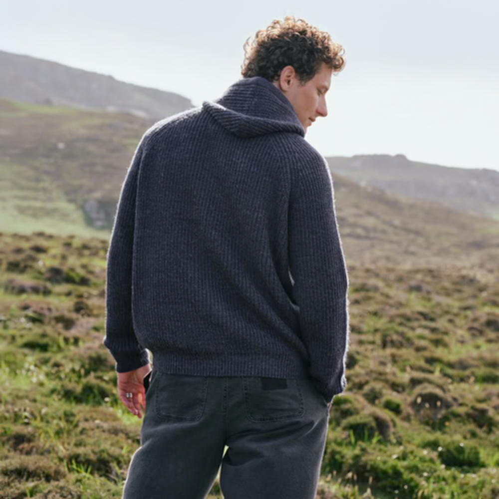Men’s Navy Blue Wool Blend Ribbed Hooded Sweater
