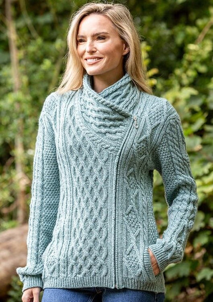 Aran Cable Knit Woollen Side Sweater for Women with Claddagh Zip Green Colour