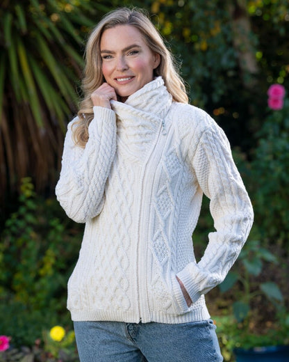 Aran Cable Knit Woollen Side Sweater for Women with Claddagh Zip Natural Colour