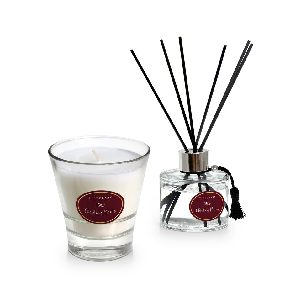 Tipperary Crystal Poinsettia Candle & Diffuser Set Christmas Berries