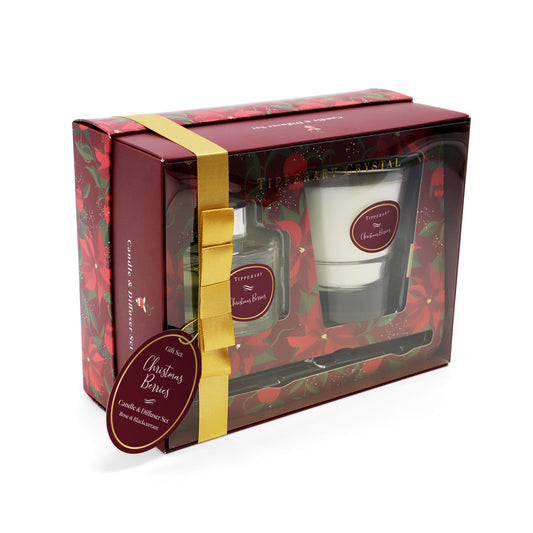 Tipperary Crystal Poinsettia Candle & Diffuser Set Christmas Berries