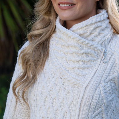 Aran Cable Knit Woollen Side Sweater for Women with Claddagh Zip Natural Colour
