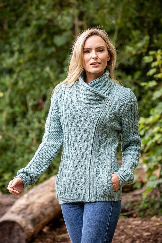 Aran Cable Knit Woollen Side Sweater for Women with Claddagh Zip Green Colour