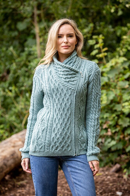 Aran Cable Knit Woollen Side Sweater for Women with Claddagh Zip Green Colour