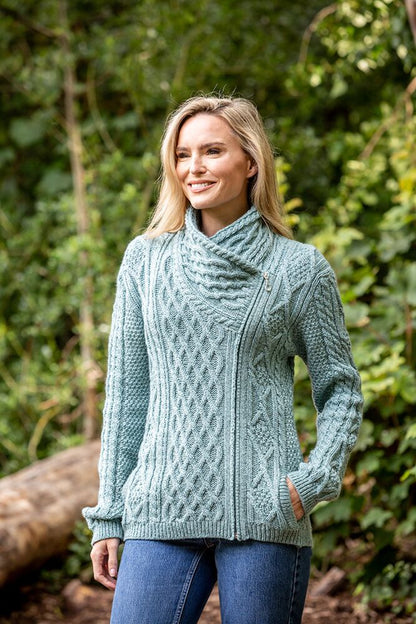 Aran Cable Knit Woollen Side Sweater for Women with Claddagh Zip Green Colour