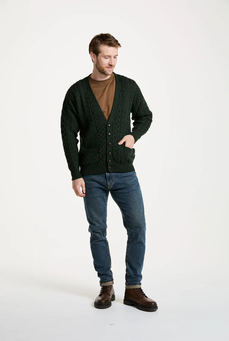 Mens Merino Aran Cardigan Green Colour