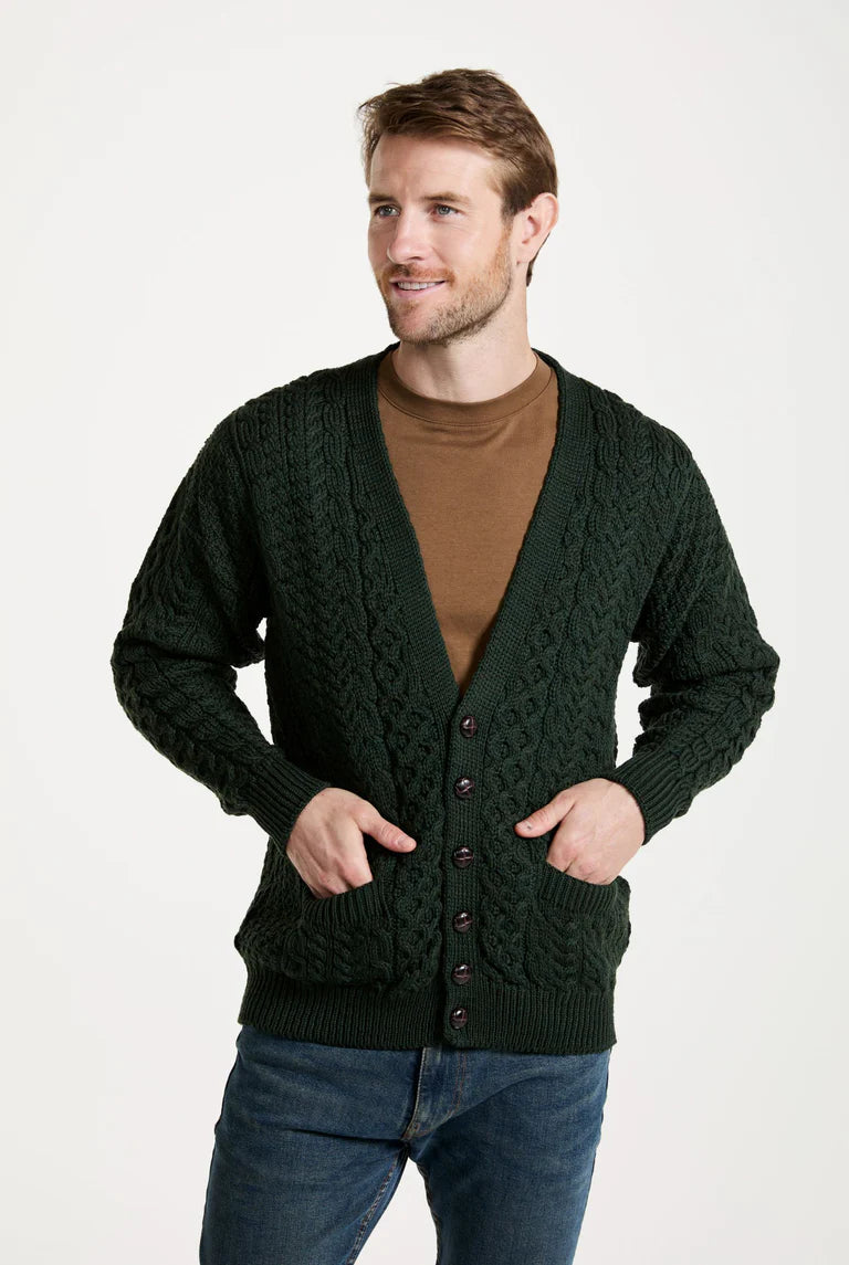 Mens Merino Aran Cardigan Green Colour