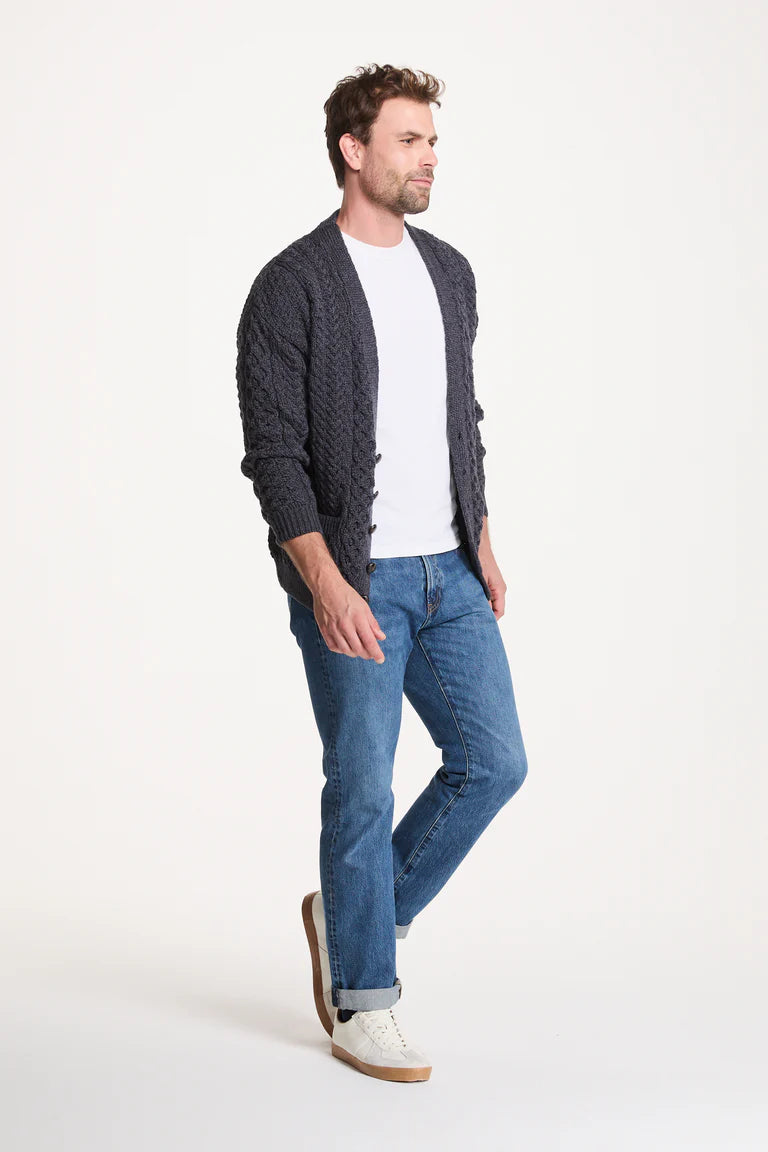 Mens Merino Aran Cardigan Charcoal Colour