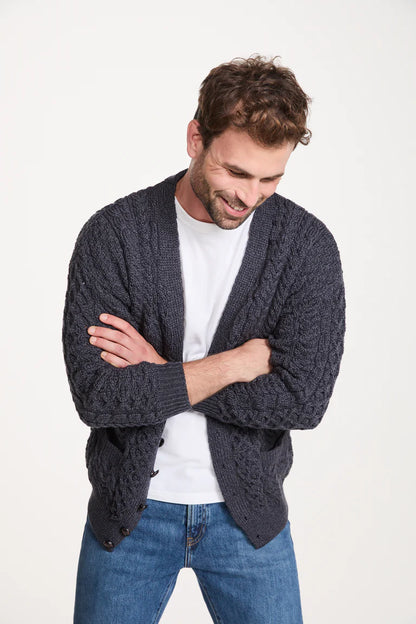 Mens Merino Aran Cardigan Charcoal Colour