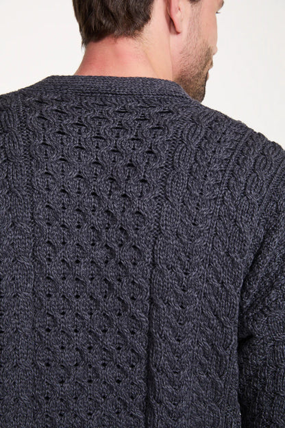 Mens Merino Aran Cardigan Charcoal Colour