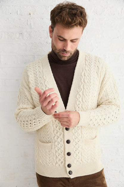 Mens Merino Aran Cardigan Cream Colour
