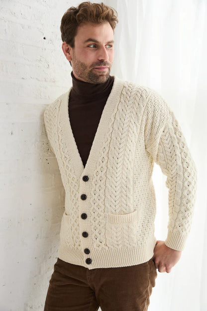 Mens Merino Aran Cardigan Cream Colour