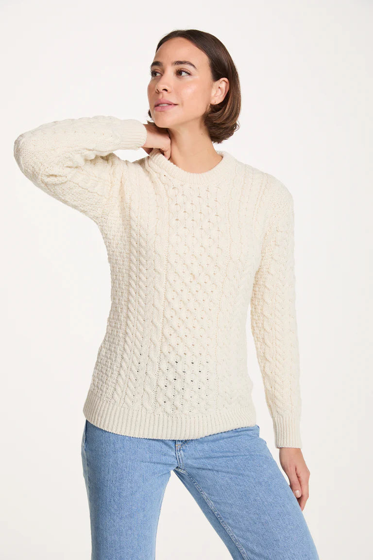Inishmore Ladies Slim Fit Merino Aran Sweater Cream Colour