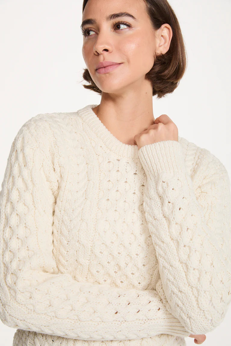 Inishmore Ladies Slim Fit Merino Aran Sweater Cream Colour