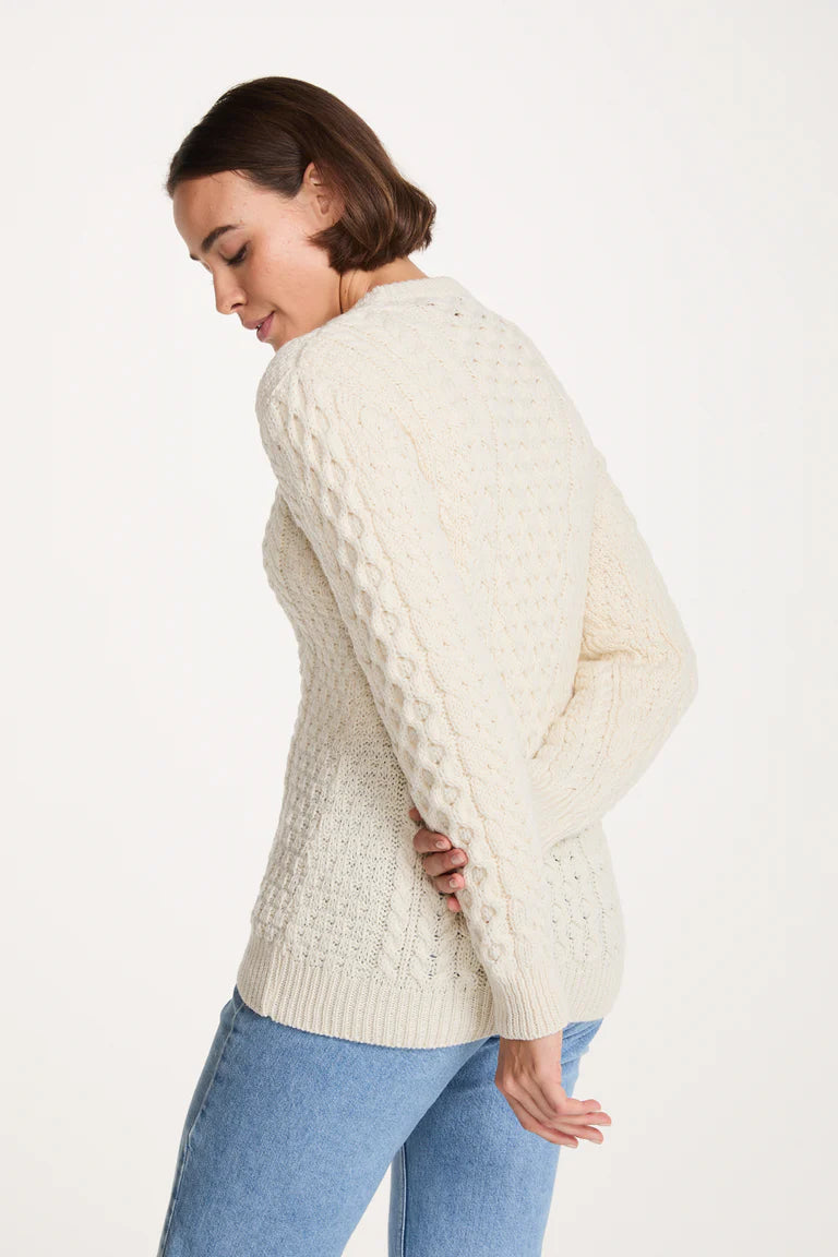 Inishmore Ladies Slim Fit Merino Aran Sweater Cream Colour