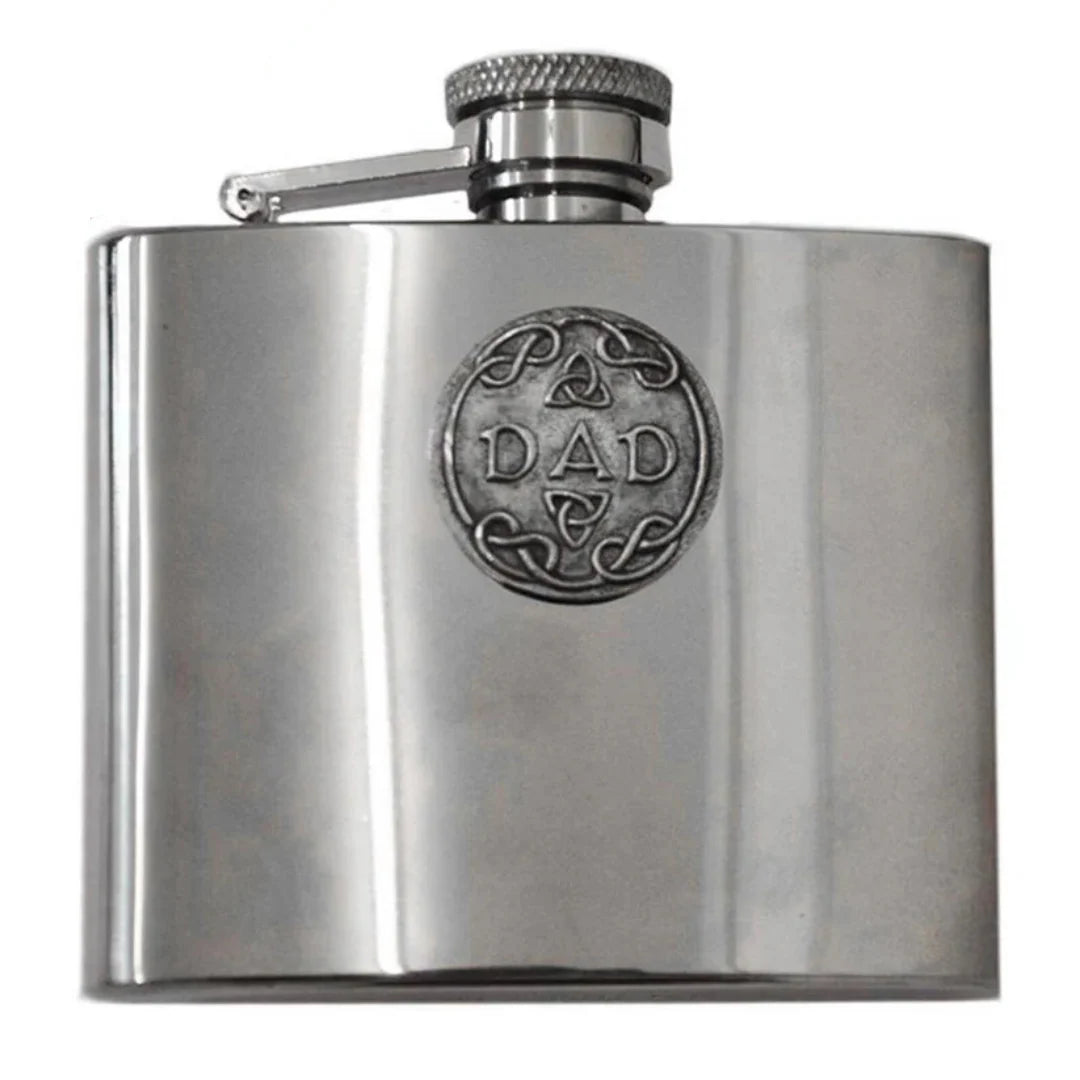 Mullingar Pewter Hip Flask With Trinity Dad Design