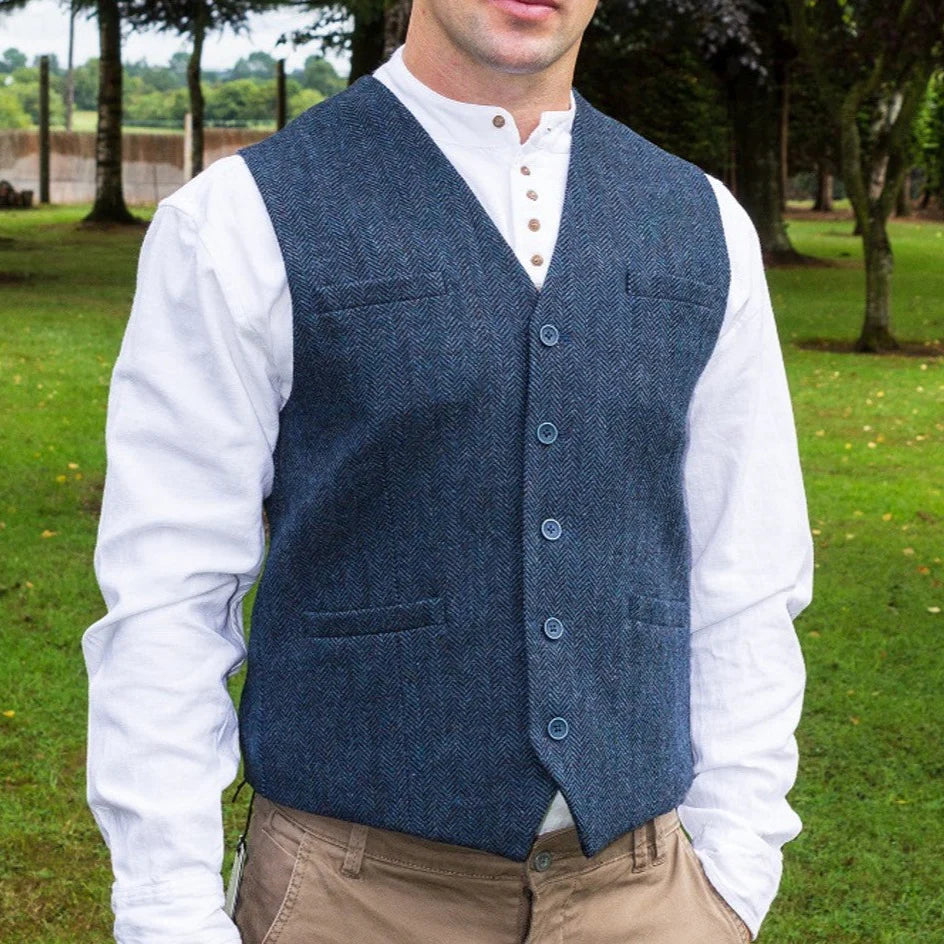 Emerald Isle Men's Tweed Herringbone Waistcoat Navy Blue