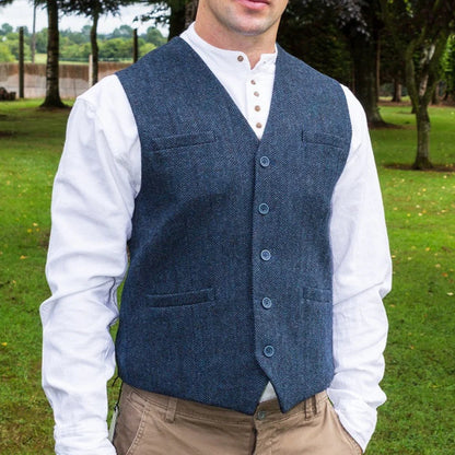 Emerald Isle Men's Tweed Herringbone Waistcoat Navy Blue
