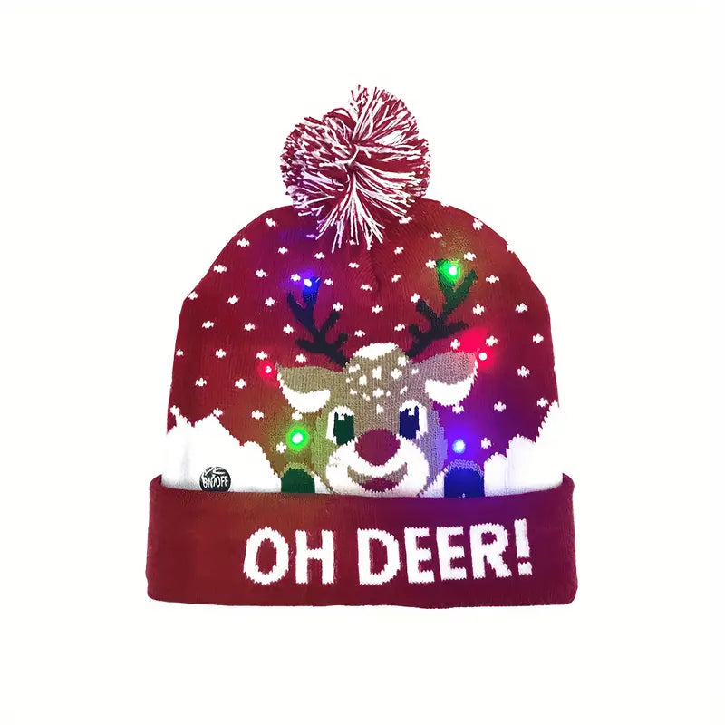LED Light-Up Reindeer Christmas Beanie Hat with Multicolor Flashing Lights & Pom-Pom