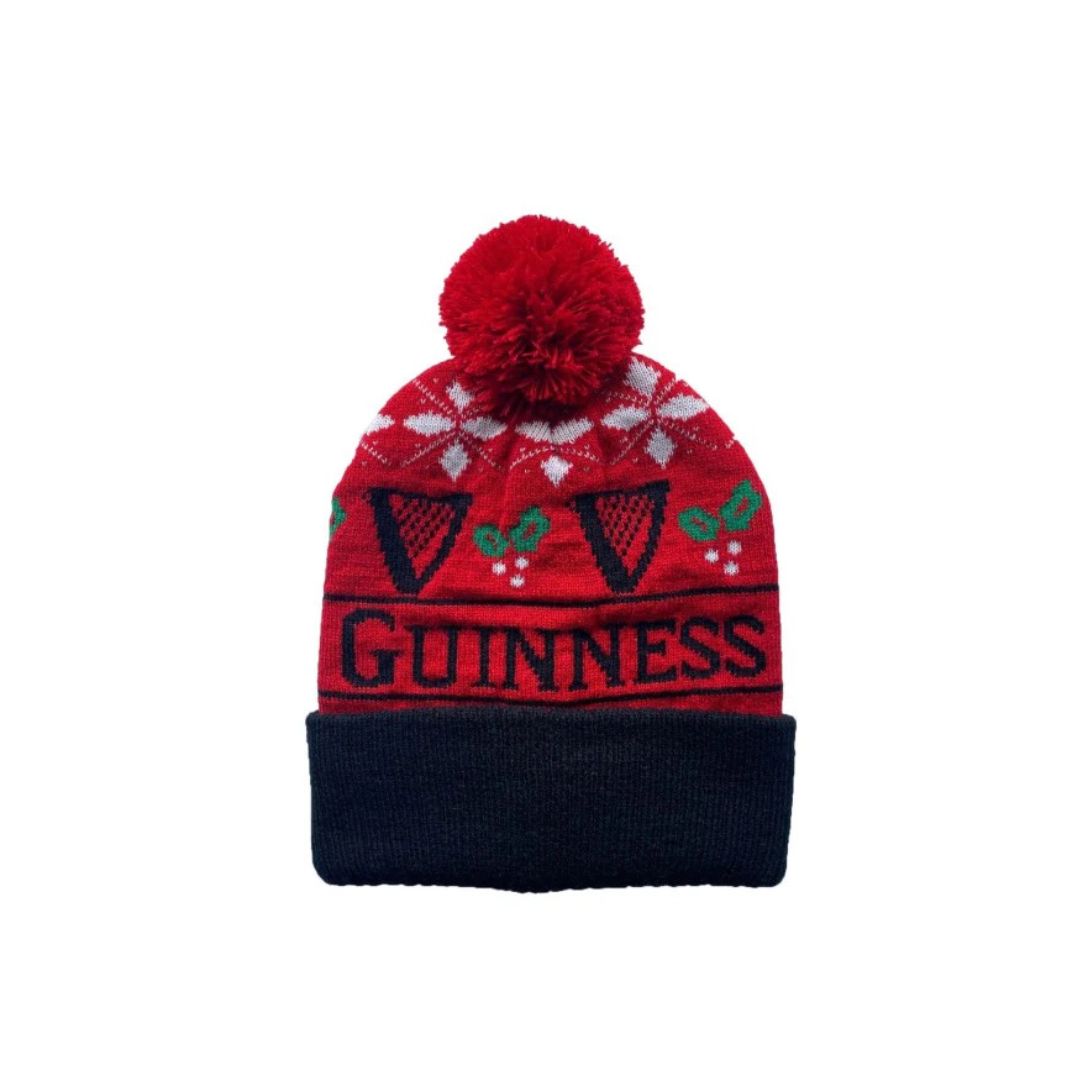 Christmas Red Black Guinness Harp Holly Bobble Hat Beanie