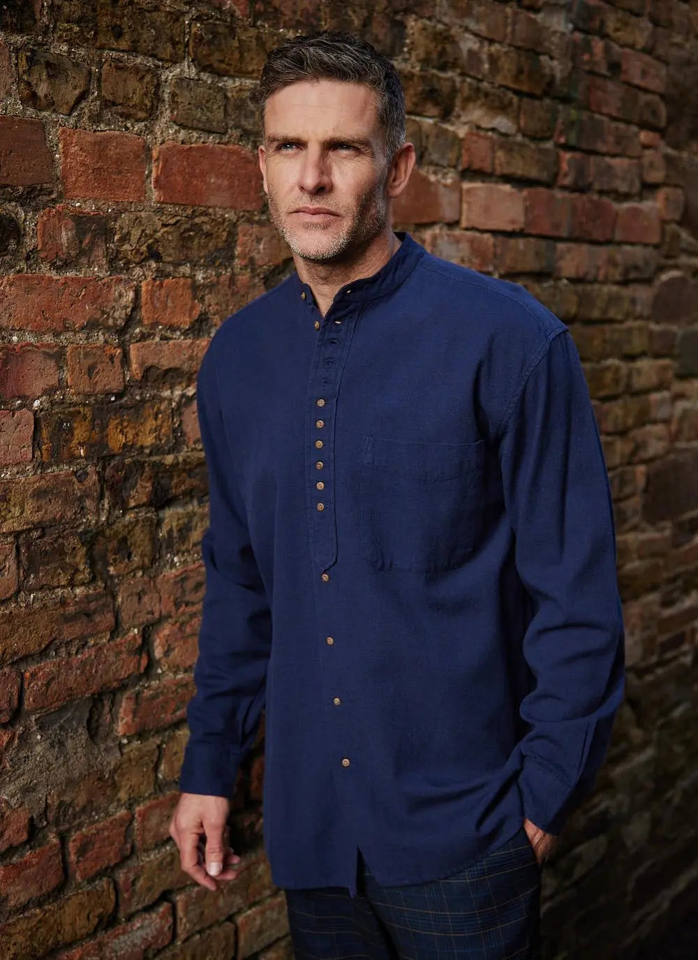 Navy Cotton Linen Mens Grandfather Shirt