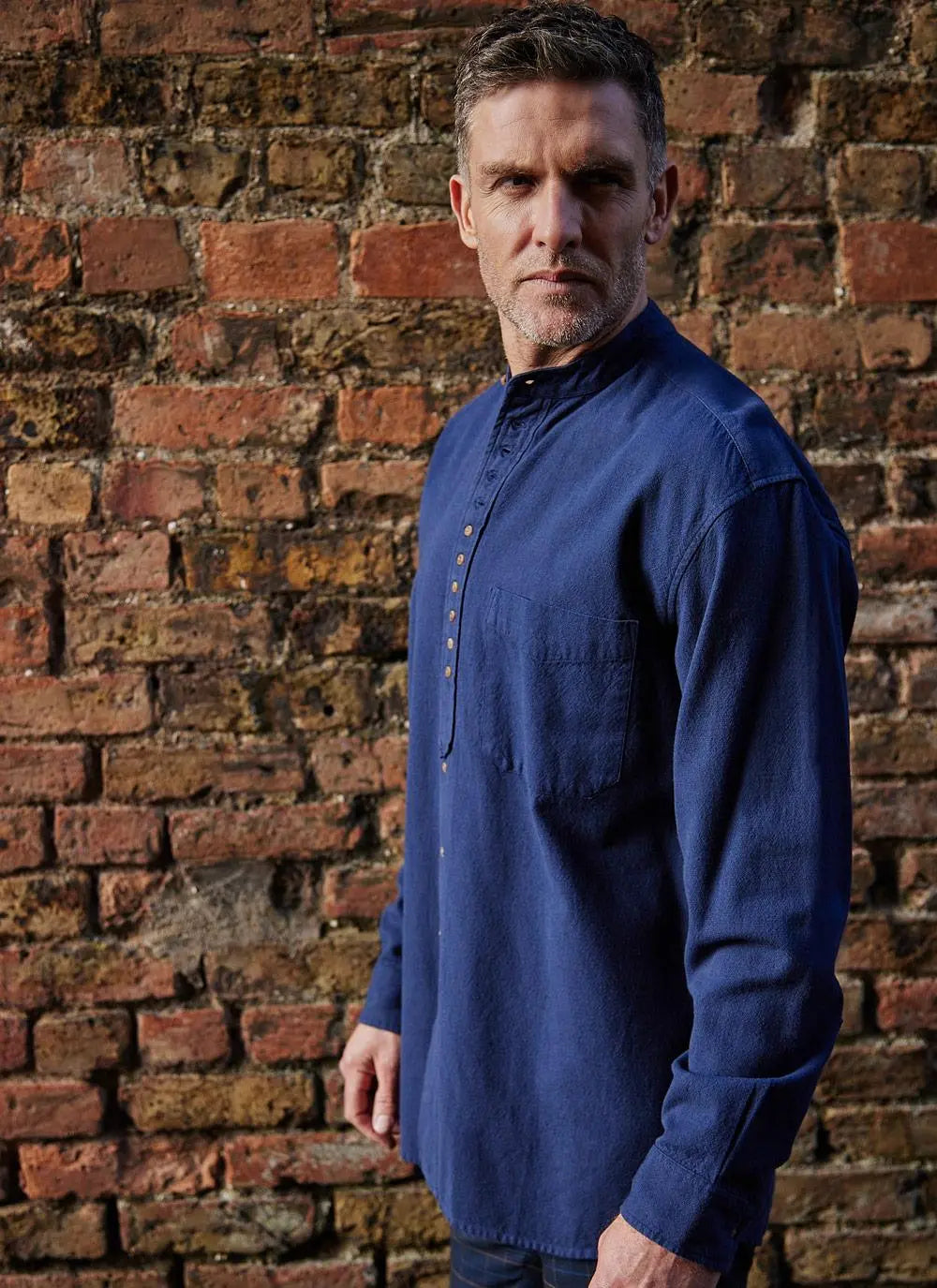 Navy Cotton Linen Mens Grandfather Shirt